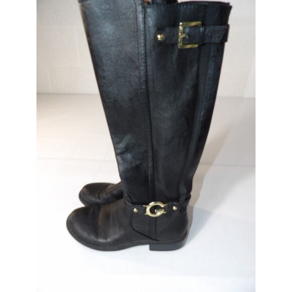 G by Guess Womens Tall Black Riding Boots 7M Faux Leather Logo Buckle Zip Moto - Picture 2 of 16